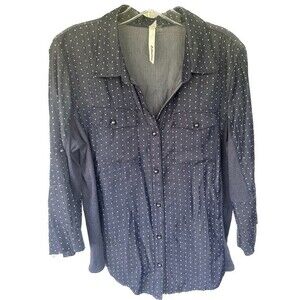 NY Collection Polka Dots Soft Denim Like Casual Button Down Mix Print Top Blouse